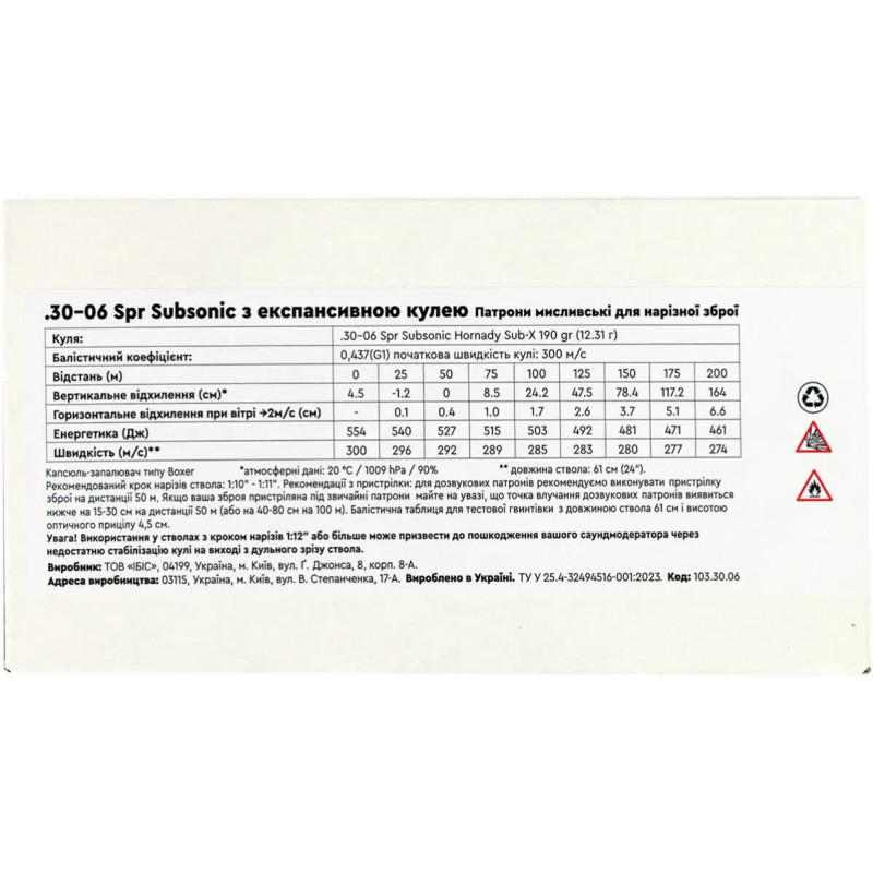 Патрон STS кал .30-06 Springfield Subsonic пуля Hornady Sub-X масса 190 гр (12.31 г)
